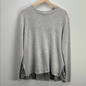 Autumn Cashmere Sweater Gingham Poplin Top Gray Black White Womens Large